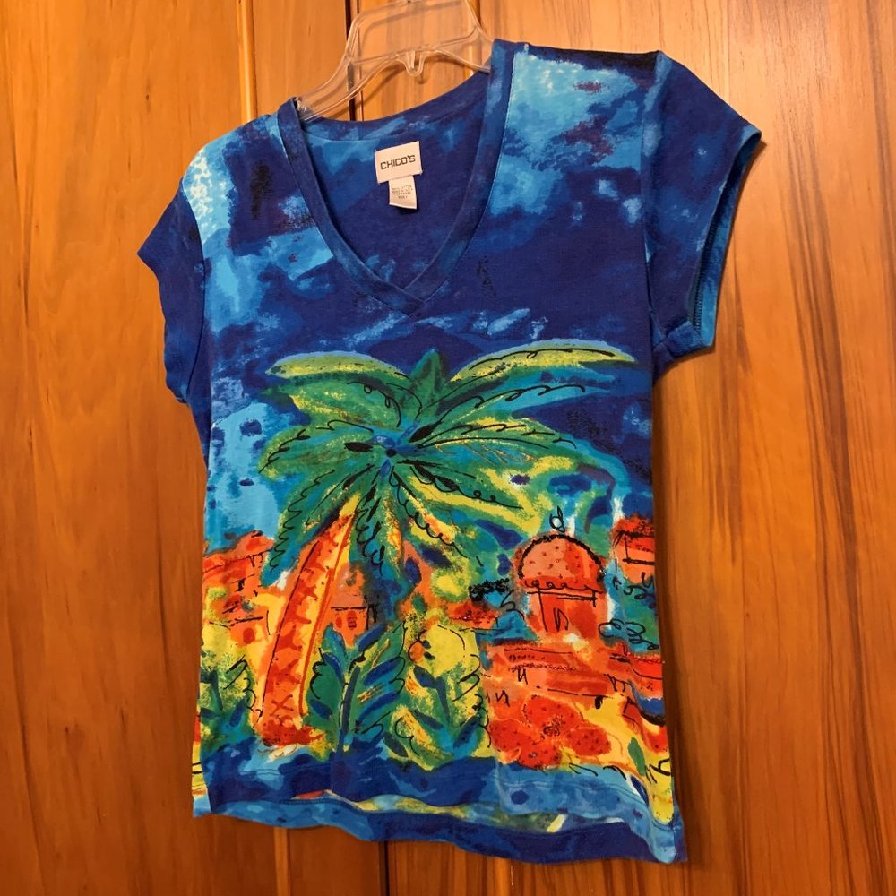 Chico's Palm Tree w/ Sequins V-neck Shirt